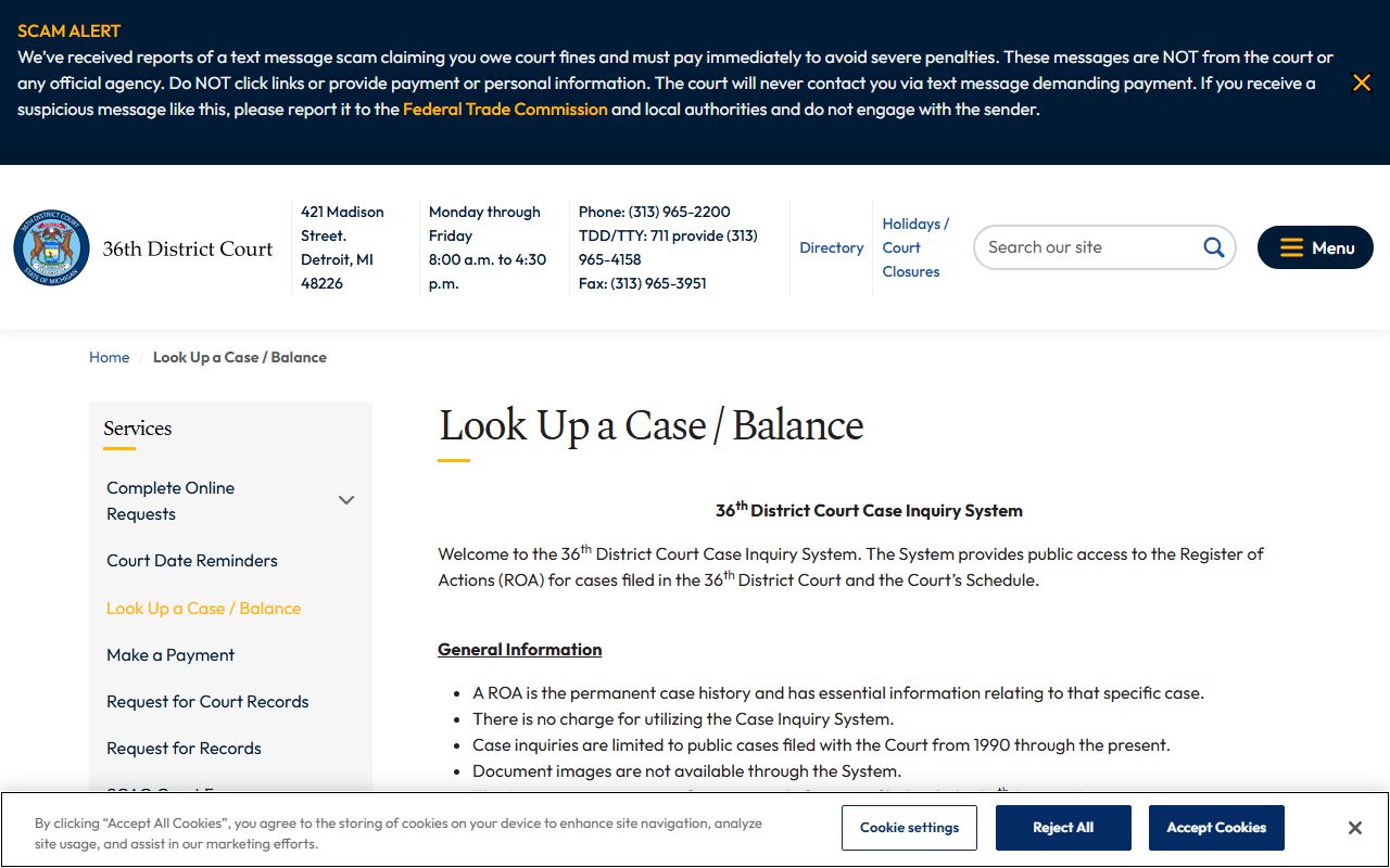 36th District Court case inquiry page and record of actions notice