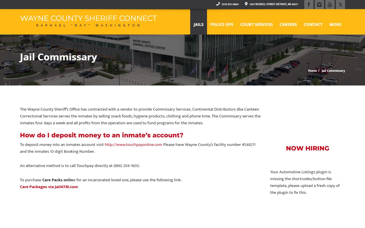 Wayne County CJC Adult Detention Facility commissary and inmate money deposit information