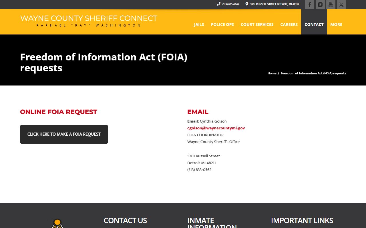 Wayne County Sheriff FOIA coordinator and public records request information