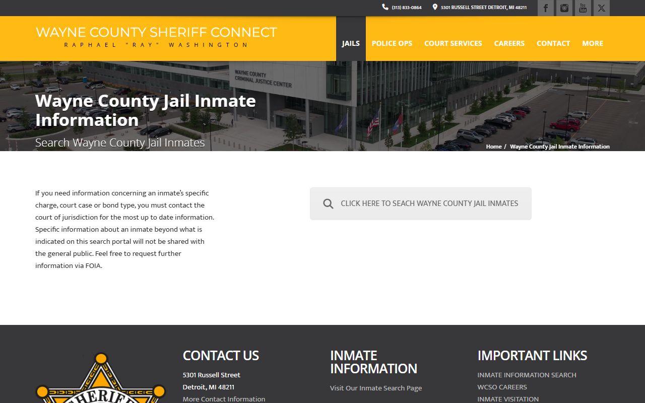 Wayne County jail inmate information page for inmate population searches