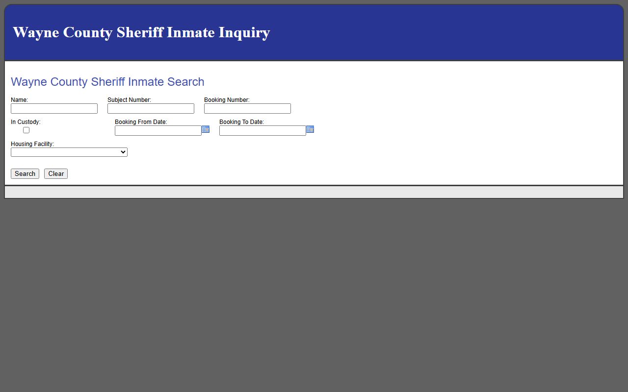 Wayne County Sheriff inmate inquiry search fields and housing facility dropdown
