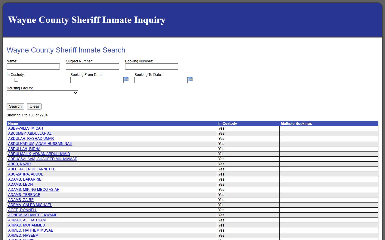 Wayne County public roster result list showing pagination and custody status